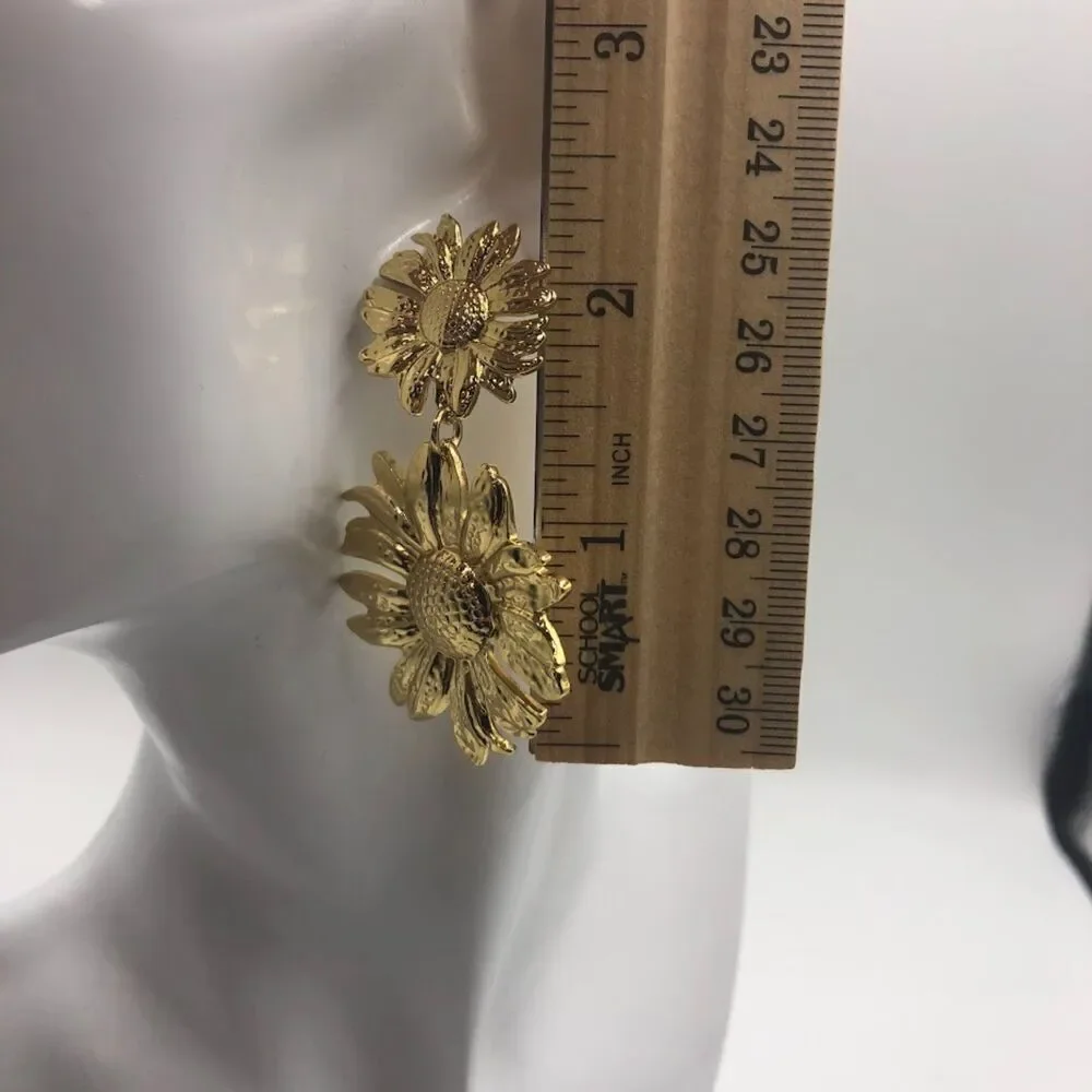 18K Gold Plated Women's Sunflower Pierced Earrings Dangling Bold Floral Chic